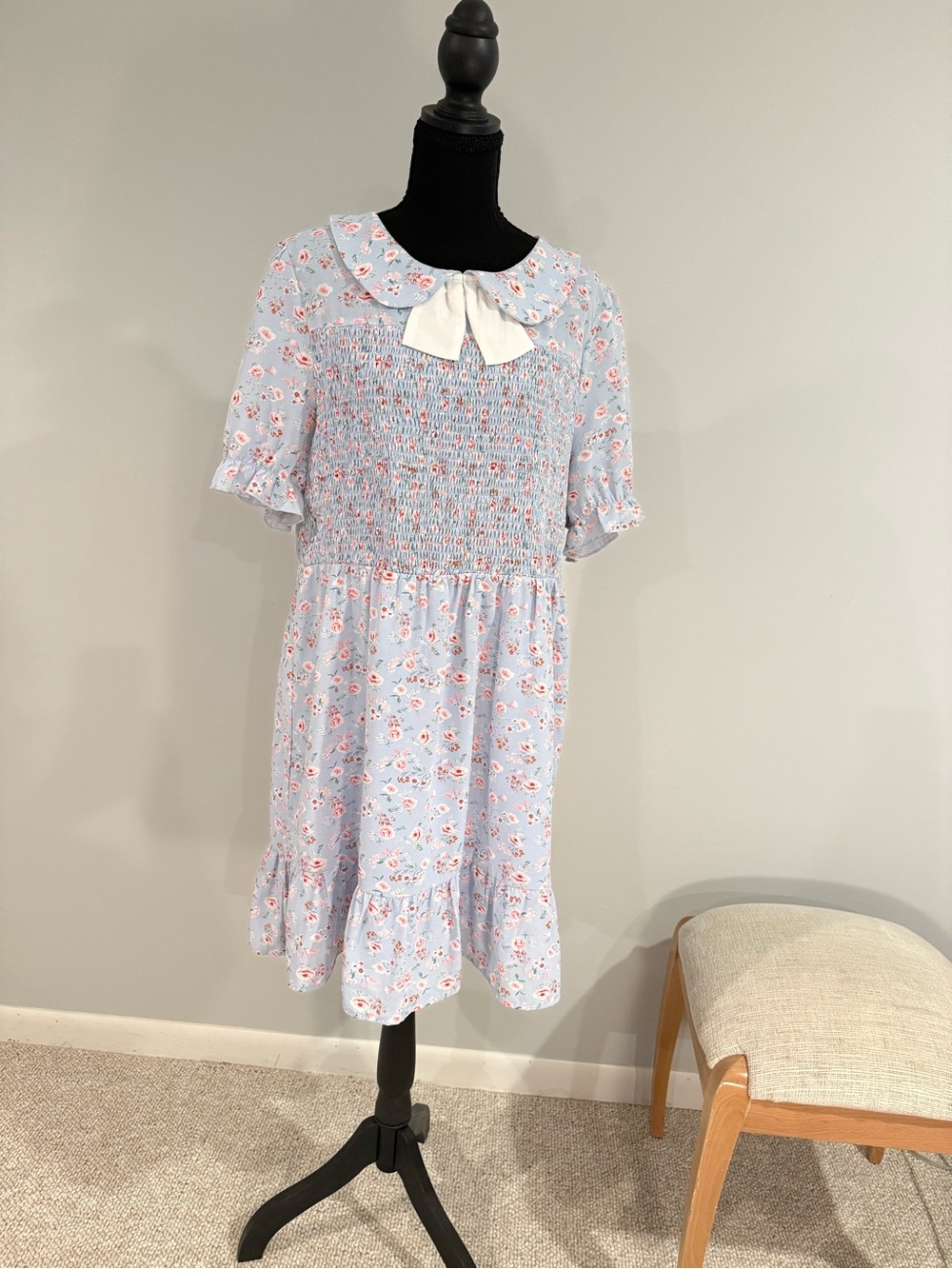Smocked Floral Bow-Detail  Dress in Light Blue